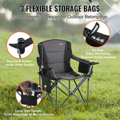 Black heavy-duty folding camping chair with padded seat, cooler bag, and side pockets.