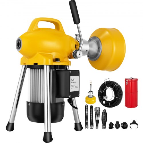 Yellow electric drain cleaner machine with 100ft cable, stand, and accessory cutters for 3/4"-5" pipes.