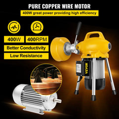Yellow 400W electric drain cleaner machine with 100ft cable, 400RPM motor, and portable handle for 3/4"-5" pipes.