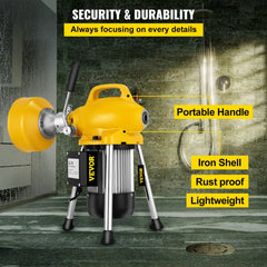 Yellow Bostome 400W electric drain cleaner with 100ft cable, iron shell, and portable handle on stand.