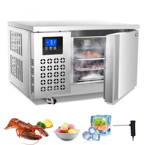 Stainless steel 80L commercial blast freezer with digital display, open door showing 3 trays of fish, and side images of lobster, ice, and accessories.
