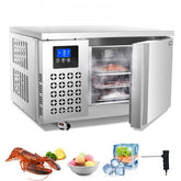 Stainless steel 80L commercial blast freezer with digital display, open door showing 3 trays of fish, and side images of lobster, ice, and accessories.