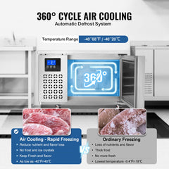 Bostome 80L commercial blast freezer with 3 stainless steel trays and 360° cycle air cooling display.