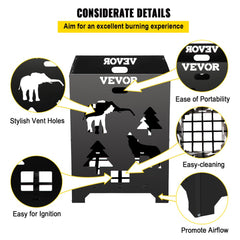 Vevor 21x21x27 inch carbon steel burn barrel incinerator with animal silhouette vents and easy-clean base.