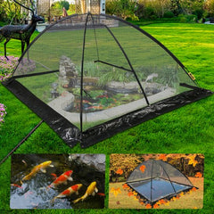 10x14 ft black nylon mesh dome pond net cover over koi pond with fish.