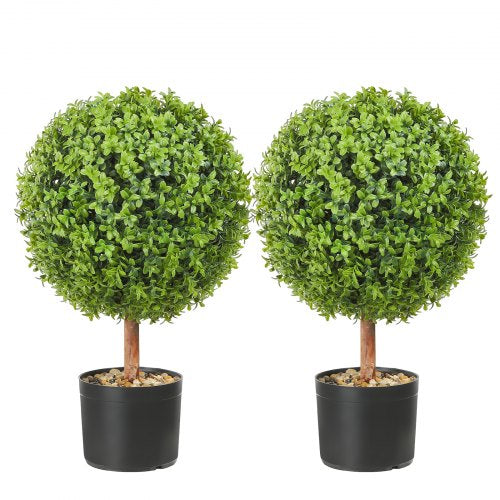 Two artificial green boxwood topiary balls in black pots, each 40.6cm with butterflies.