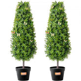 Two 3ft artificial boxwood topiary trees with dense green foliage in sturdy pots.