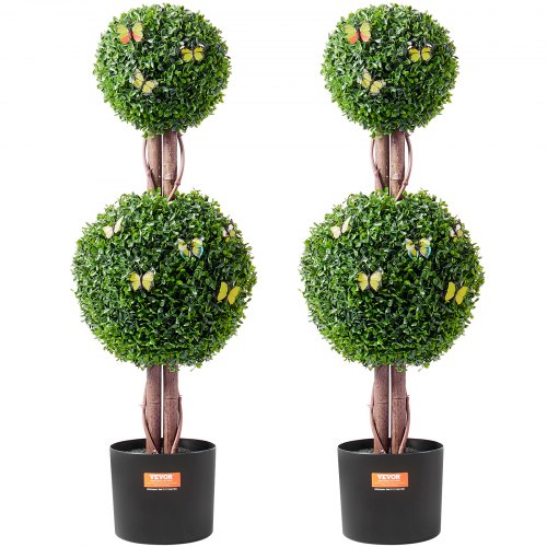 Two 3ft artificial boxwood topiary trees with double balls, butterflies, and black pots.