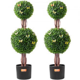 Two 3ft artificial boxwood topiary trees with double balls, butterflies, and black pots.
