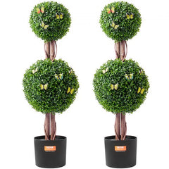 Two 3ft artificial boxwood topiary trees with double balls, butterflies, and black pots.