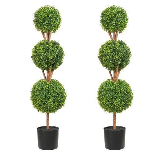 Three ball artificial boxwood topiary trees in planters, 48 inches tall, with dense green leaves.