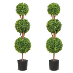 Three ball artificial boxwood topiary trees in planters, 48 inches tall, with dense green leaves.
