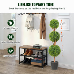 Three ball artificial boxwood topiary trees in planters, 48 inches tall.