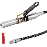 6-jaw locking quick-release grease gun coupler with nickel-plated spring and hose.