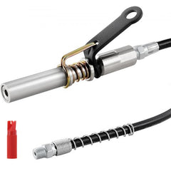 6-jaw locking quick-release grease gun coupler with nickel-plated spring and hose.