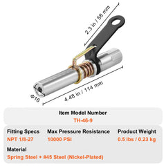 Silver 6-jaw grease gun coupler with spring-loaded quick-release mechanism and pressure markings.