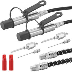 Two 3-jaw locking grease gun couplers with 1/8" NPT threads, hoses, needles, and red caps.