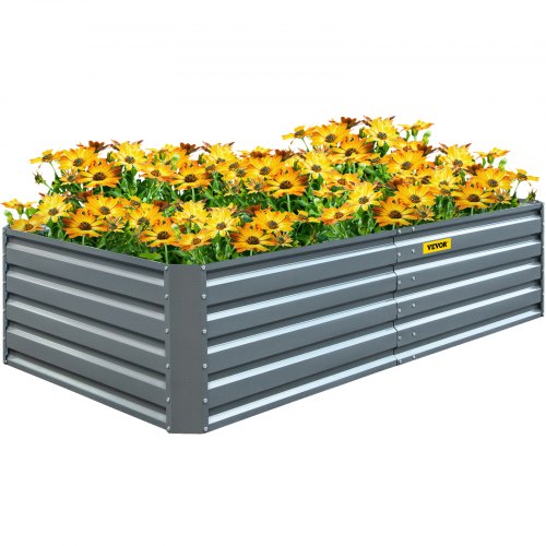Gray galvanized steel raised garden bed measuring 80"x40"x19" with a bottomless design.