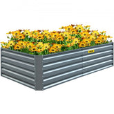Gray galvanized steel raised garden bed measuring 80"x40"x19" with a bottomless design.