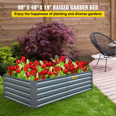 Gray galvanized steel raised garden bed measuring 80"x40"x19" with a bottomless design.