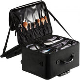 Black 3-tier rolling makeup train case with open compartments holding brushes and organizers.