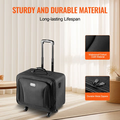 Black three-tier rolling makeup train case made of Oxford cloth with wheels and handle.