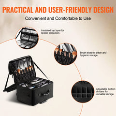 Black 3-tier rolling makeup train case with insulated top, brush slots, and adjustable dividers.