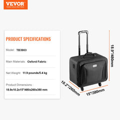 Black rolling makeup train case with three tiers, wheels, and a retractable handle.