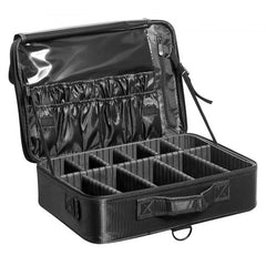 Black three-tier Oxford makeup train case with adjustable dividers and durable zippers.