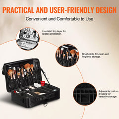 Black three-tier Oxford makeup train case with adjustable dividers and metal zippers.