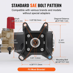 Diagram of standard SAE bolt pattern for Bostome 4000 PSI horizontal triplex plunger pump, showing mounting dimensions and 1-inch shaft.