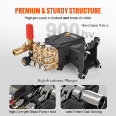 Bostome pressure washer pump with brass head, anti-friction ball bearing, and 1 inch horizontal shaft.