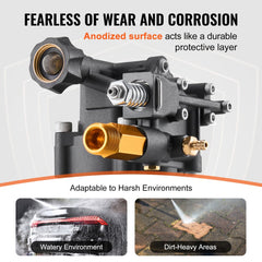 Bostome pressure washer pump with horizontal shaft, 3500 PSI and anodized aluminum construction.