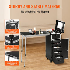 Black aluminum rolling makeup trolley case with open workbench, drawers, and lit mirror.