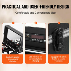 Black aluminum makeup train case with rolling trolley, lit mirror, Bluetooth speakers, USB port, and lock.