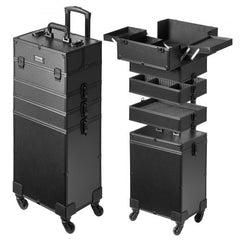Black aluminum rolling makeup train case with four detachable compartments and adjustable pull rod.