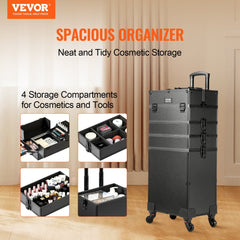Black aluminum rolling makeup train case with four detachable compartments and 360° wheels.