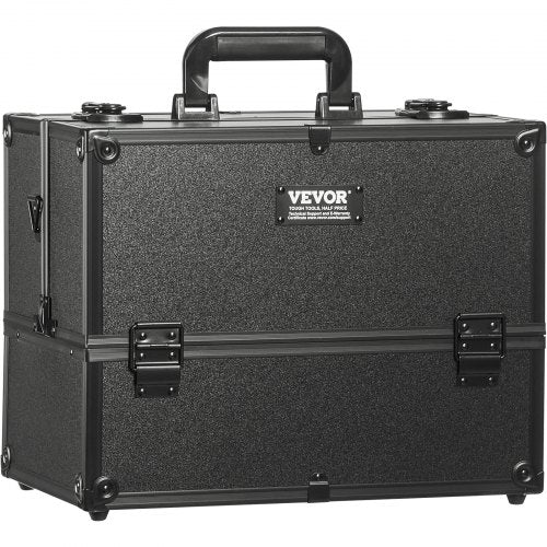 Black 14.6 inch makeup train case with six trays and a top handle for easy carrying