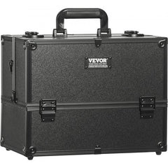 Black 14.6 inch makeup train case with six trays and a top handle for easy carrying