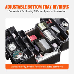 Black makeup train case with six adjustable trays holding various cosmetics.