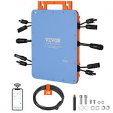 Blue VEVOR solar micro inverter with orange handles, multiple cables, WiFi module, and accessories.
