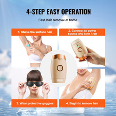 Infographic showing 4-step operation of Bostome IPL hair removal device with women demonstrating shaving, powering on, wearing goggles, and removing hair.