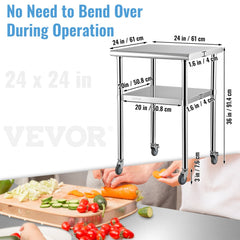 Stainless steel prep table with adjustable undershelf and four casters for mobility.