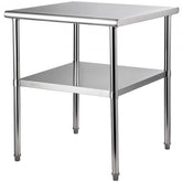 Heavy-duty 30" stainless steel prep table with adjustable undershelf and round corners.