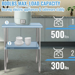 Stainless steel prep table with adjustable undershelf and round corners for safety and durability.