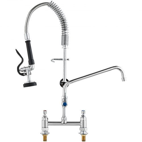 Bostome commercial kitchen faucet with pre-rinse sprayer and brass deck mount design.