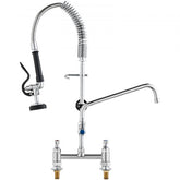 Bostome commercial kitchen faucet with pre-rinse sprayer and brass deck mount design.