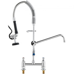 Bostome commercial kitchen faucet with pre-rinse sprayer and brass deck mount design.