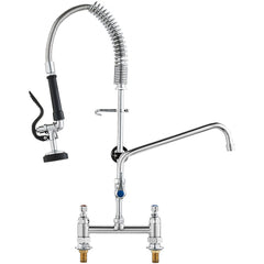 Brass deck-mounted kitchen faucet with pre-rinse sprayer and swivel spout for efficient cleaning.