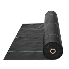 Rolled black woven geotextile weed barrier fabric with green guide lines, 13x60 feet.